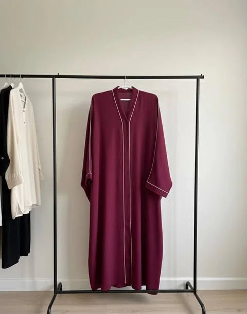 Crinkle Fabric Kaftan-Style Abaya - Plum