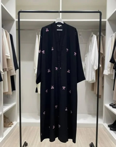Abaya with Pink Bow Embroidery - Black