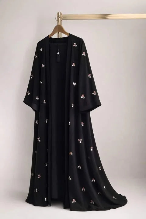 Floral Chiffon Gown Abaya - Black